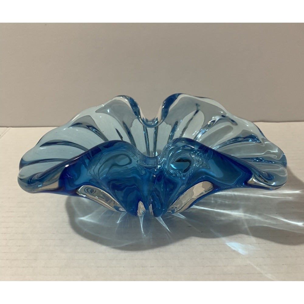 Vintage Chalet Blue Art Glass Folded Edge Free Form Footed Candy Dish Bowl 8.5"